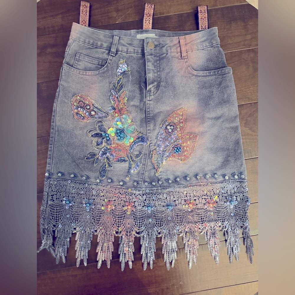 Whimsical Beaded Handmade Denim Skirt